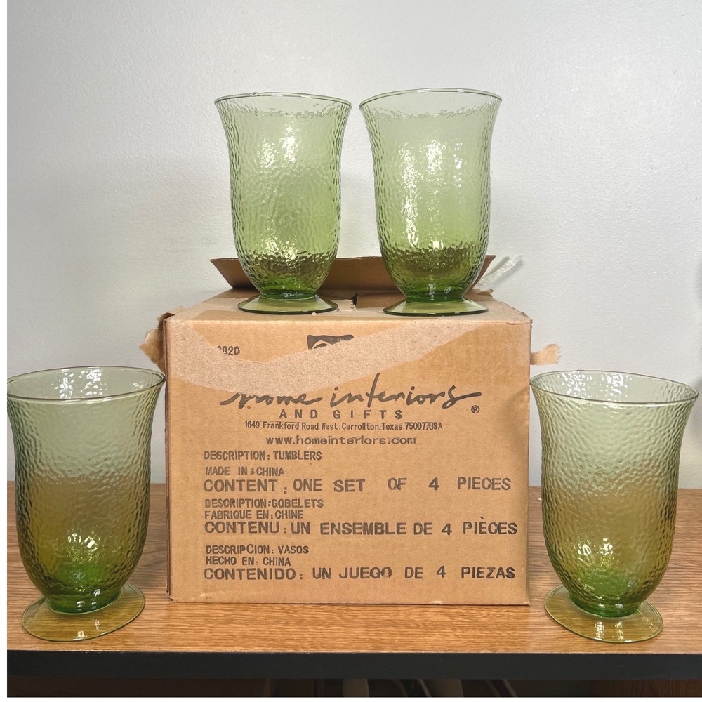 Home Interiors & Gifts Green Hammered Glass Footed Tumblers MCM Coutry Set of 4